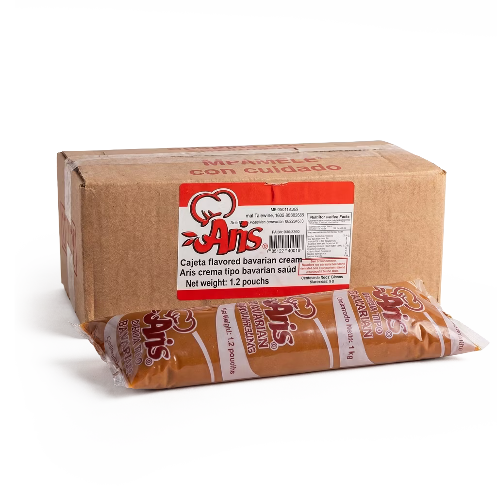 Crema Tipo Bavarian Cajeta Aris ideal para rellenar y decorar pasteles, cupcakes, donas y postres. Sabor cajeta, textura cremosa y excelente rendimiento profesional.
