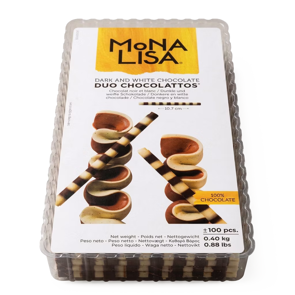 Duo Chocolattos Callebaut ideales para decorar pasteles, entremets, cupcakes y postres gourmet. Elaborados con chocolate blanco y chocolate oscuro para un acabado elegante y profesional.