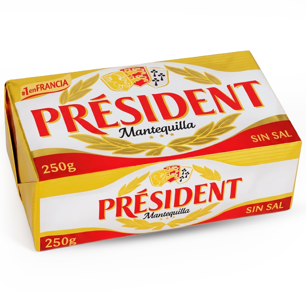Mantequilla Sin Sal President elaborada con crema de leche de alta calidad. Ideal para repostería, panadería y cocina profesional gracias a su sabor auténtico y textura cremosa.