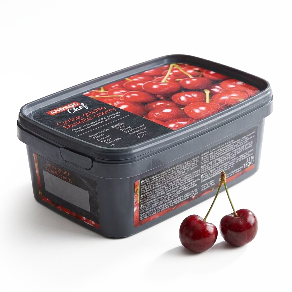 Puré de Cereza Roja Congelado Andros ideal para helados, sorbetes, mousses, rellenos y postres profesionales. Aporta sabor intenso, textura uniforme y excelente rendimiento.