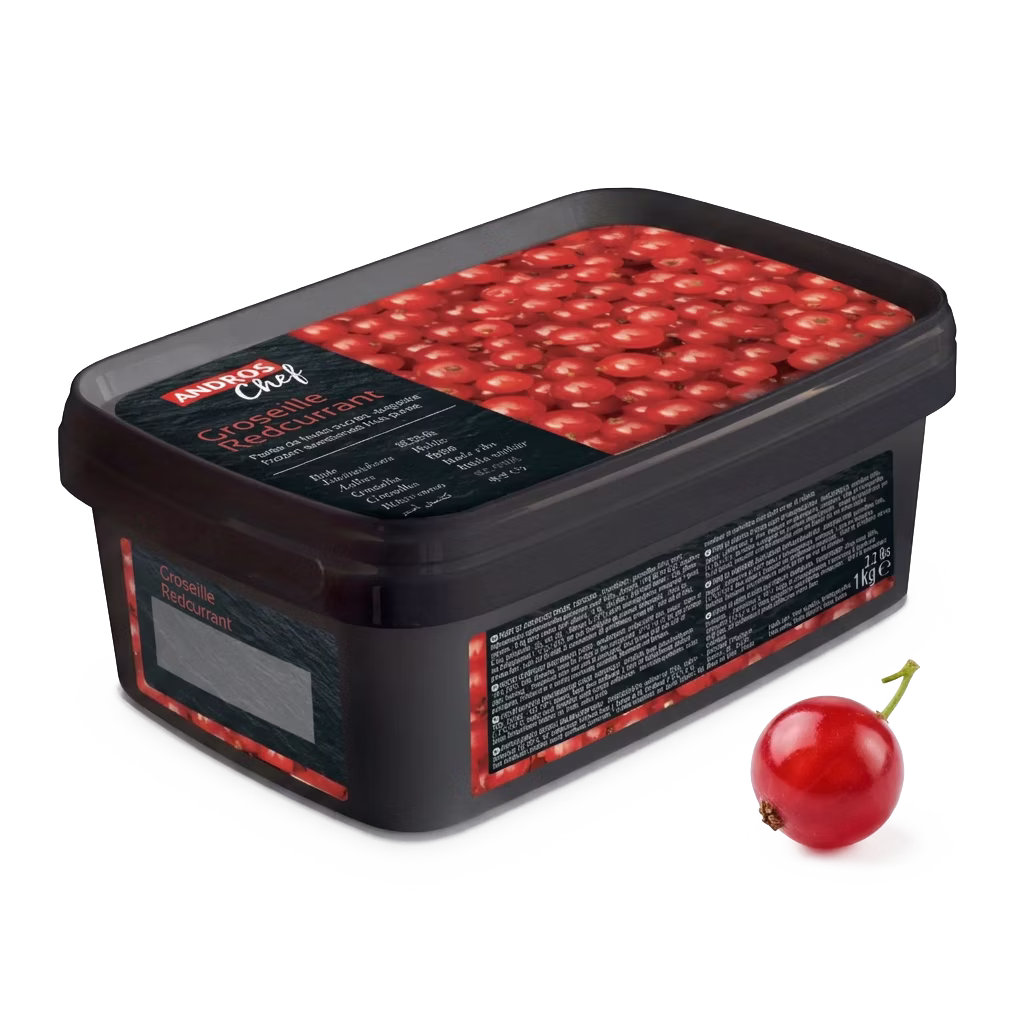 Puré de grosella congelado Andros elaborado con fruta seleccionada, ideal para mousses, sorbetes, bombones y repostería profesional.