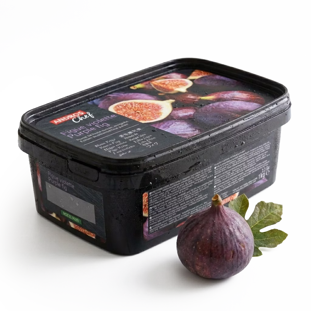 Puré de higo violeta congelado Andros ideal para mousses, tartaletas, helados y postres gourmet con sabor auténtico y textura uniforme.