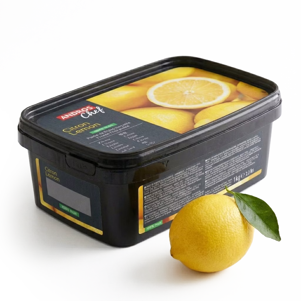 Puré de limón italiano congelado Andros elaborado con limones sicilianos, ideal para mousses, sorbetes, cócteles y repostería profesional.