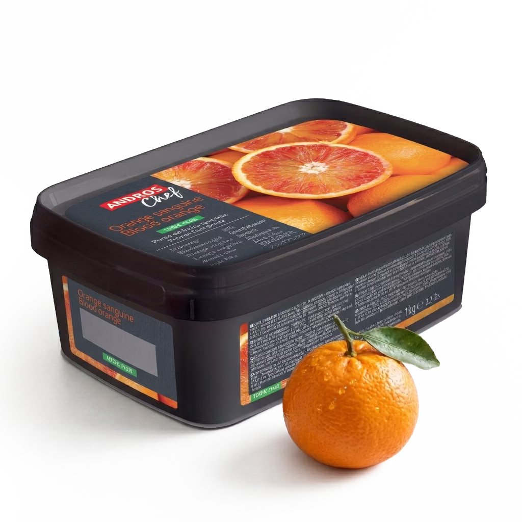 Puré de naranja sanguina congelado Andros ideal para sorbetes, mousses, cócteles y repostería profesional con sabor cítrico intenso y color natural.