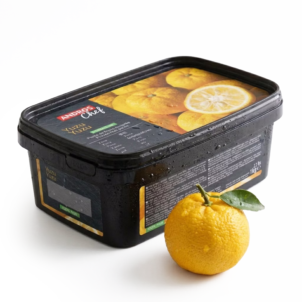 Puré de yuzu congelado Andros elaborado con 100% fruta, ideal para mousses, sorbetes, cócteles y repostería profesional.