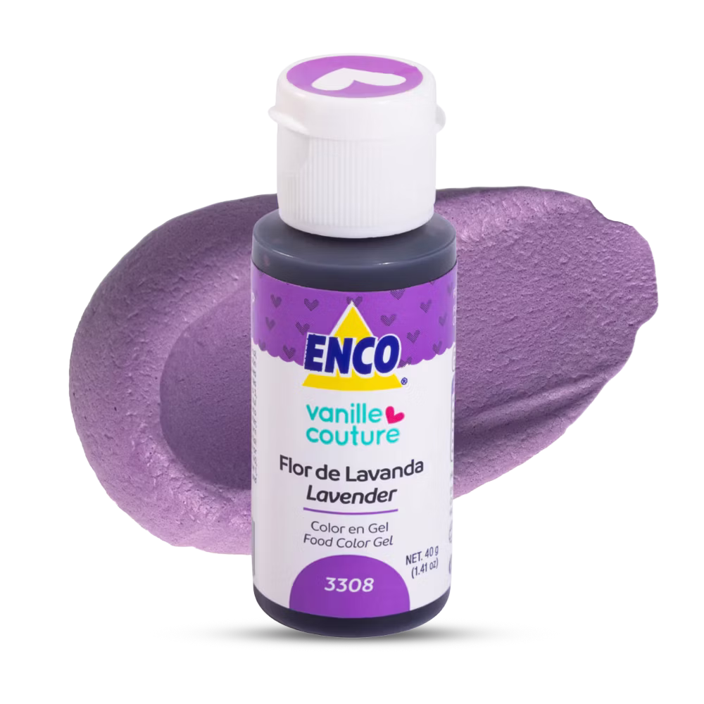 Color gel flor de lavanda Enco ideal para fondant, buttercream, merengue y royal icing con color uniforme, brillante y de alto rendimiento.