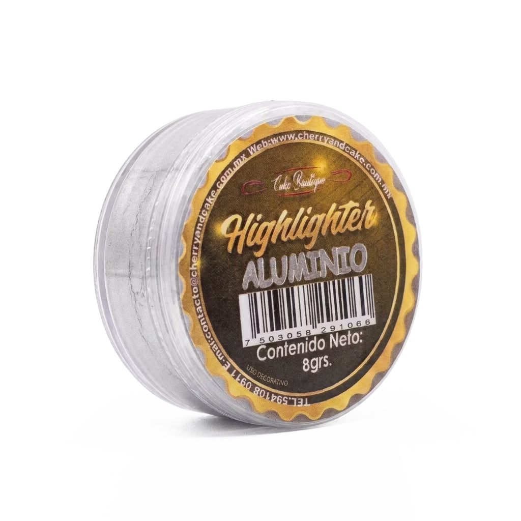 Matizador Highlighter Aluminio Cherry & Cake ideal para decorar fondant, chocolate y pasteles con un elegante acabado metálico plateado.