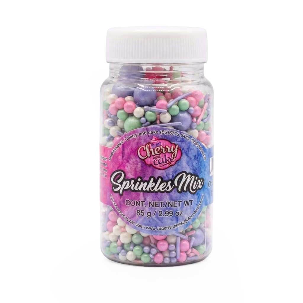 Sprinkles Mix Destellos de Amor Cherry & Cake ideal para decorar cupcakes, pasteles y postres románticos con colores delicados y acabados encantadores.