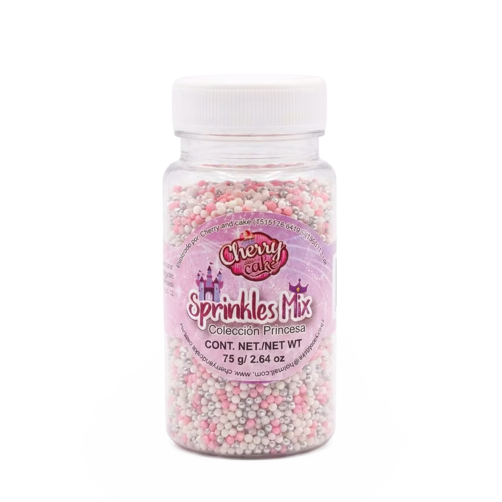 Sprinkles Mix Princesa Cherry & Cake ideal para decorar cupcakes, pasteles y postres temáticos con colores delicados y acabados encantadores.