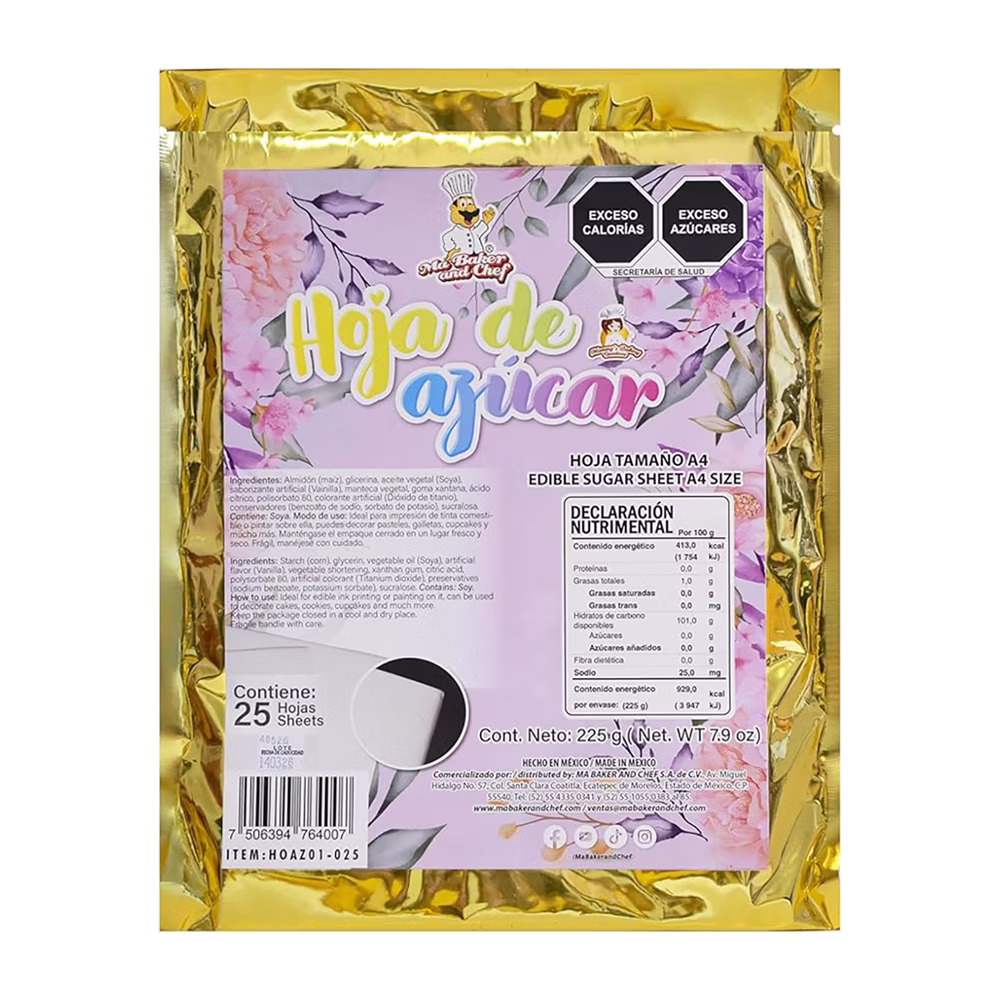 Hoja de Azúcar Tamaño A4 Ma Baker ideal para impresión comestible en pasteles, cupcakes y galletas. Ofrece excelente calidad de imagen, fácil aplicación y acabado profesional.