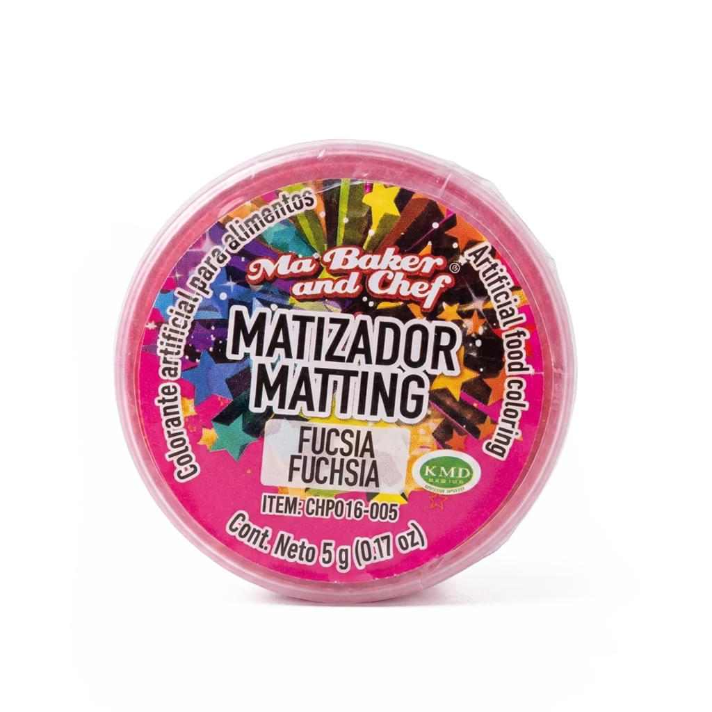 Matizador en Polvo Mate Color Fucsia Ma Baker ideal para decorar fondant, flores de azúcar, chocolate y figuras comestibles con un acabado mate profesional y color vibrante.
