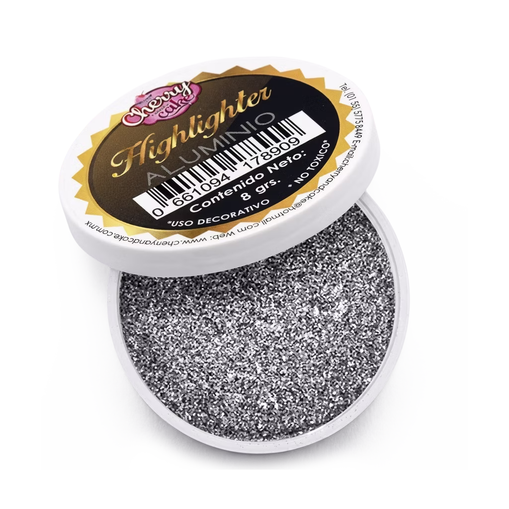 Matizador Highlighter Aluminio Cherry & Cake ideal para decorar fondant, chocolate y pasteles con un elegante acabado metálico plateado.