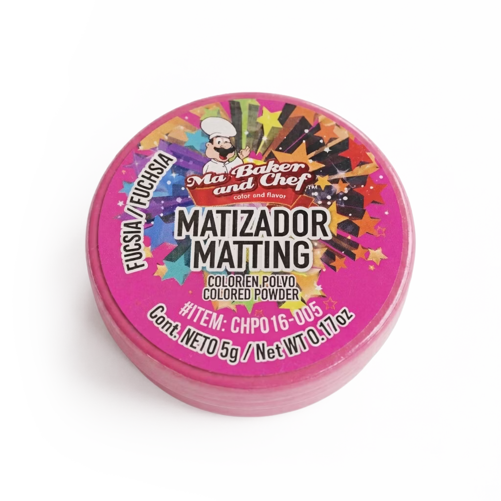 Matizador en Polvo Mate Color Fucsia Ma Baker ideal para decorar fondant, flores de azúcar, chocolate y figuras comestibles con un acabado mate profesional y color vibrante.