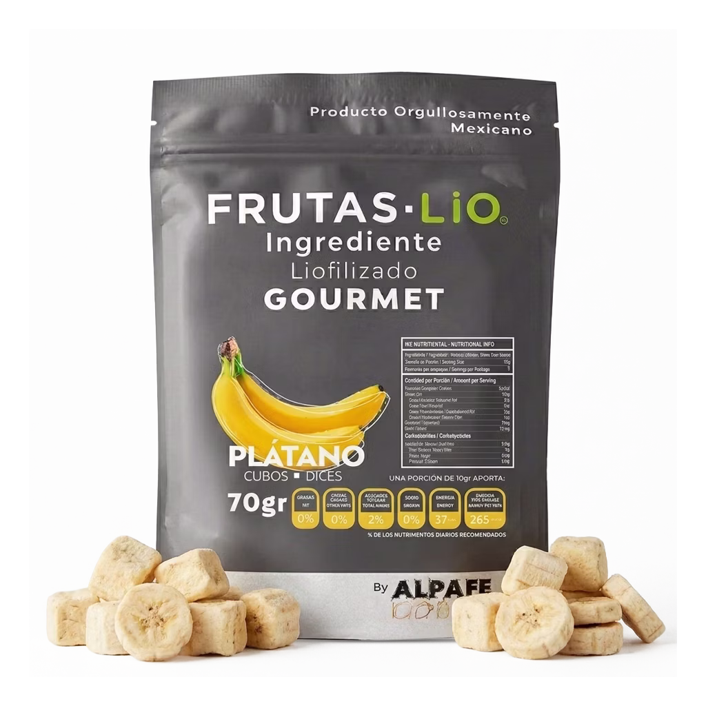 Plátano liofilizado LIO ideal para postres, chocolates, bebidas y decoración con sabor natural, textura crujiente y excelente rendimiento.