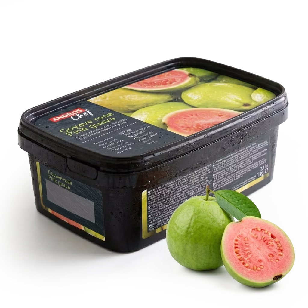 Puré de guayaba rosa congelado Andros ideal para mousses, helados, bebidas y postres profesionales con auténtico sabor tropical.