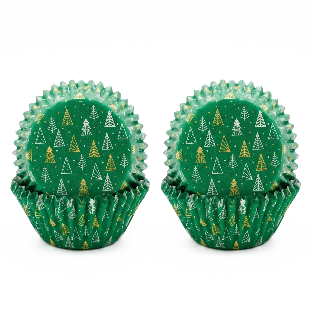 Capacillo navideño pinos fondo verde para cupcakes y repostería