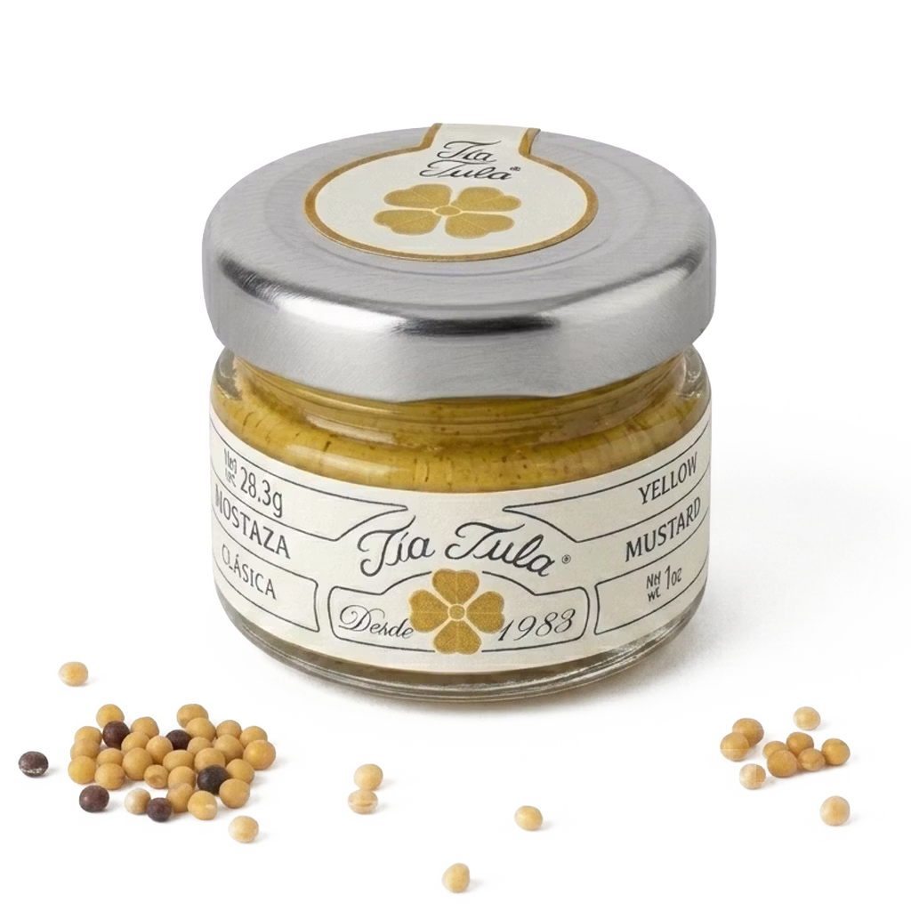 Mostaza en frasco Tía Tula ideal para acompañar alimentos y preparar salsas.