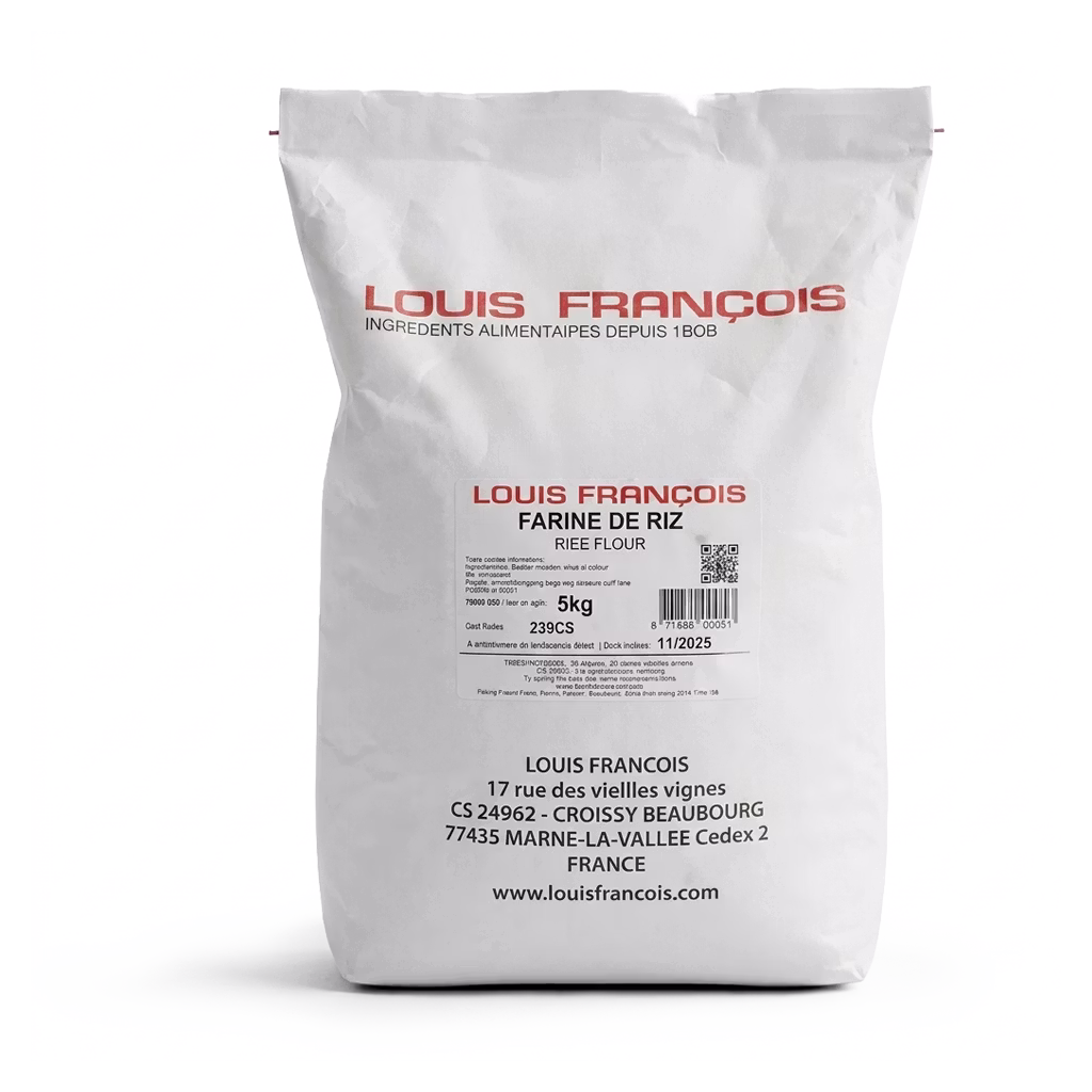 Harina de arroz Louis François ideal para panadería, repostería y recetas sin gluten con textura ligera y excelente versatilidad.