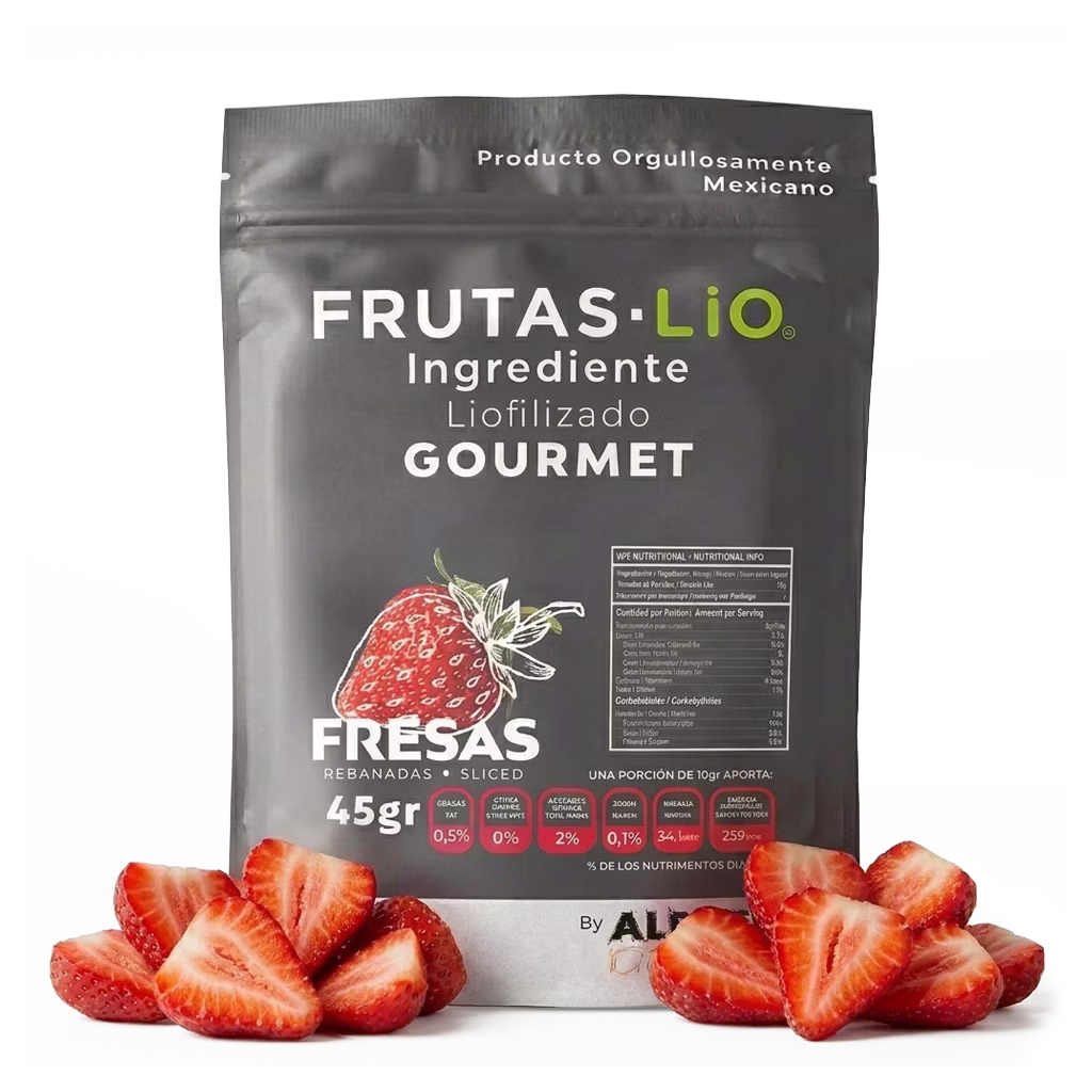 Fresa liofilizada LIO ideal para postres, chocolates, bebidas y decoración con sabor intenso, color natural y textura crujiente.
