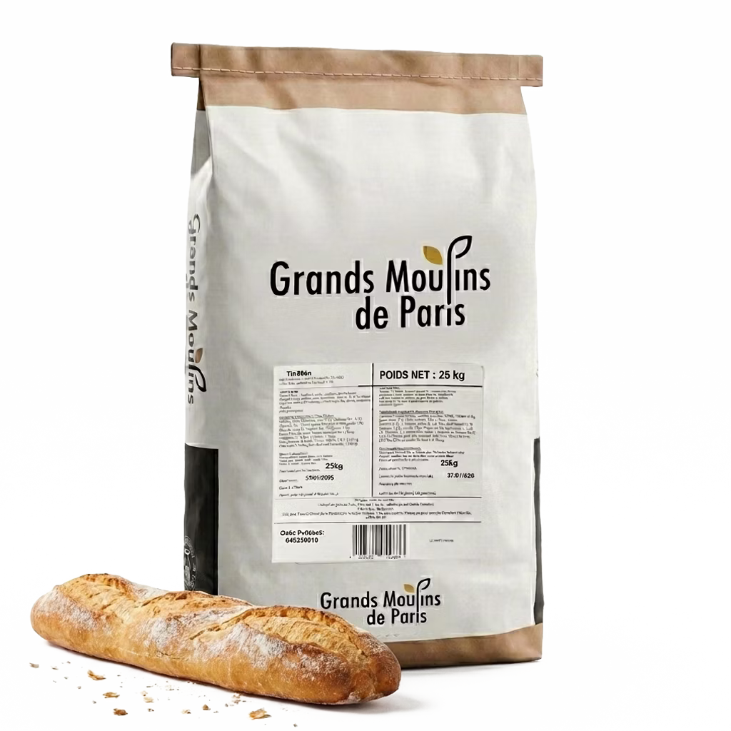 Harina Tradition T65 de Grands Moulins de Paris ideal para baguettes y panes artesanales. Ofrece miga alveolada, corteza crujiente y auténtico sabor francés.